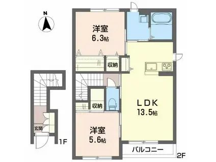 ソワサントゥディザンB(2LDK/2階)の間取り写真