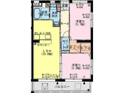 セブン・セブン都北(2LDK/1階)の間取り写真