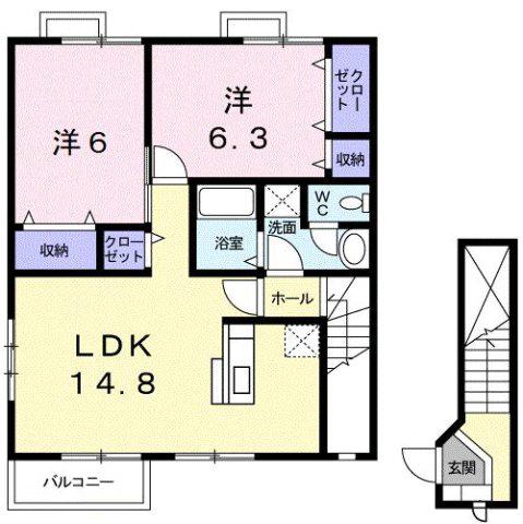シャン・ド・フルールI(2LDK/2階)の間取り写真