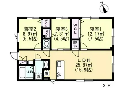 下神明 3方 (3LDK/2階)の間取り写真