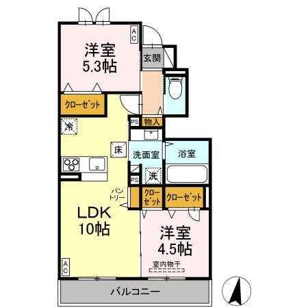トリシア中條 B(2LDK/1階)の間取り写真
