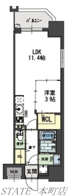 ラ・フォルム本町ウエスト(1LDK/3階)の間取り写真