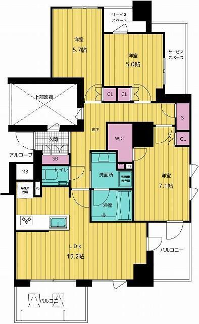 プラウド弦巻三丁目(3LDK/4階)の間取り写真