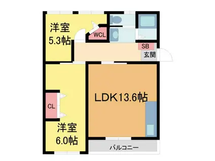 逆瀬川ハイツ3号棟(2LDK/4階)の間取り写真