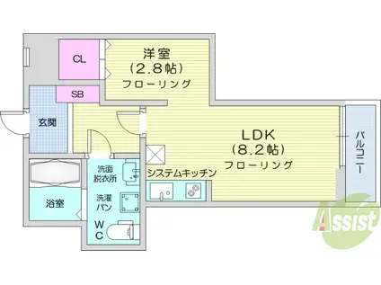 メリディアン多賀城南宮 弐番館(ワンルーム/3階)の間取り写真