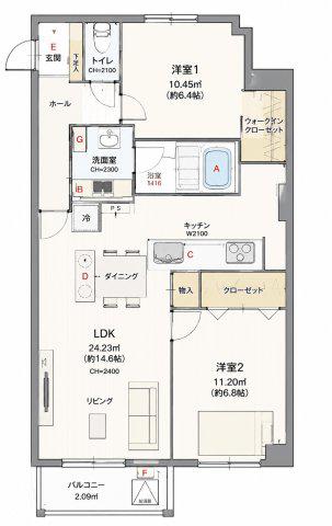 C.P.主税町レジデンス(2LDK/2階)の間取り写真
