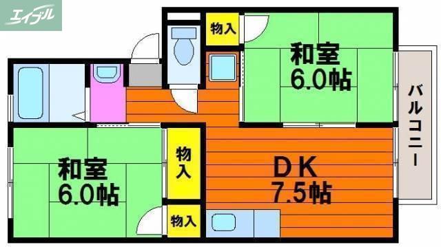 ベルホワイトK(2DK/2階)の間取り写真