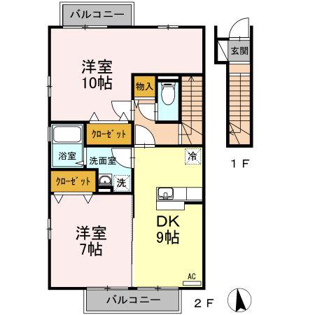 クラウン ヒルB(2DK/2階)の間取り写真