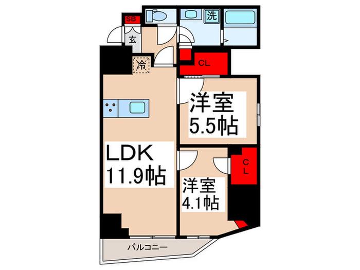 ルミークアン入谷(2LDK/13階)の間取り写真