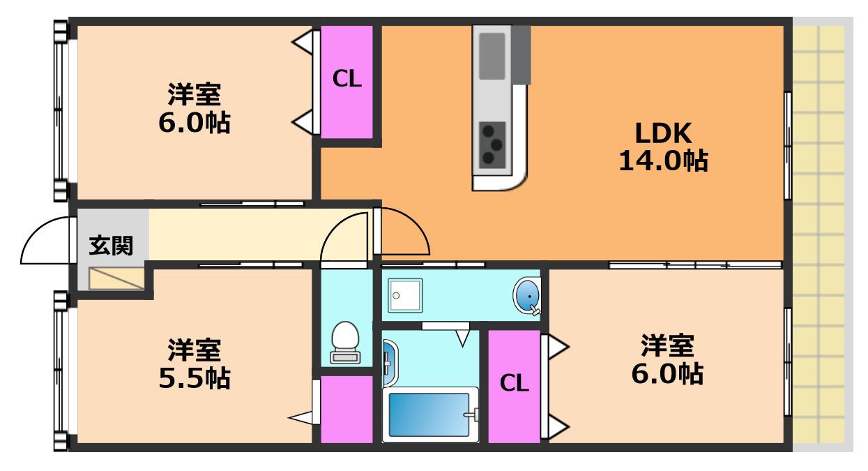 アムールカセイ(3LDK/1階)の間取り写真