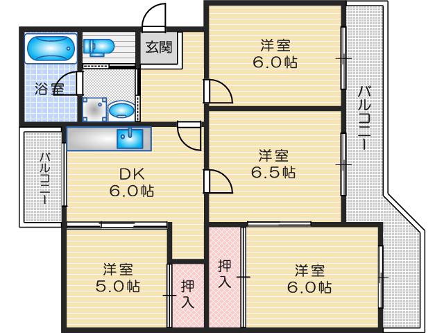 塚原台ハイツ13号棟(4DK/4階)の間取り写真