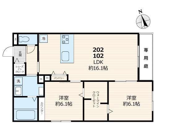メゾンルボア大里(2LDK/1階)の間取り写真