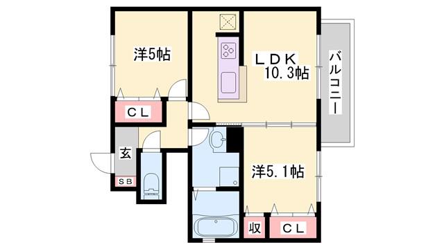 カーサ・デルソーレKHK(2LDK/1階)の間取り写真