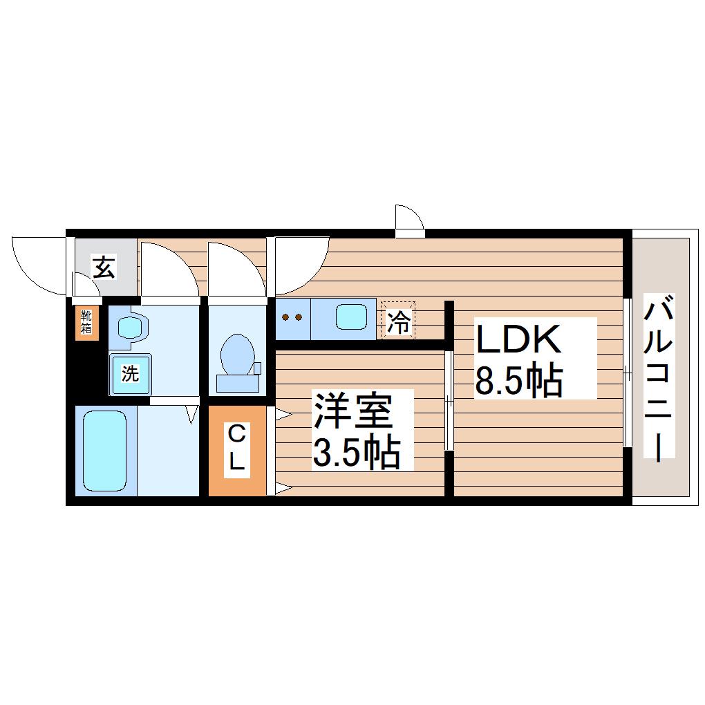 ガス割 第十弾 ブラン台原(1LDK/3階)の間取り写真