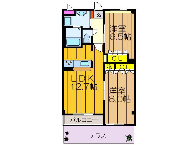 ヒルジアスII(2LDK/1階)の間取り写真