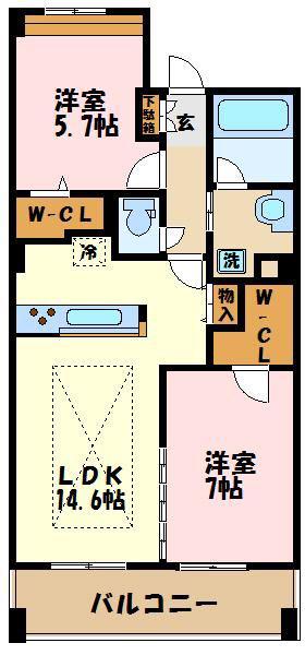 プルミエールふれあいの丘(2LDK/6階)の間取り写真