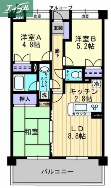 ダイアパレス東島田(3LDK/4階)の間取り写真