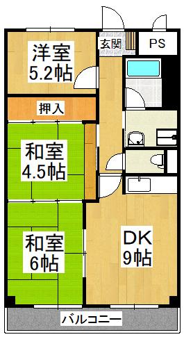 三日市グリーンハイツ(3DK/4階)の間取り写真