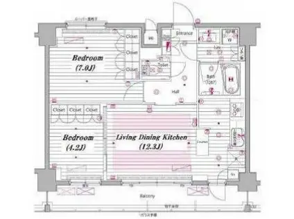 グランドガーラ白金高輪(2LDK/12階)の間取り写真