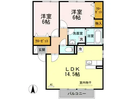 ウィルモア手城B棟(2LDK/2階)の間取り写真