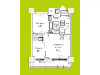 京町堀ビューアパートメント(2LDK/12階)の間取り写真