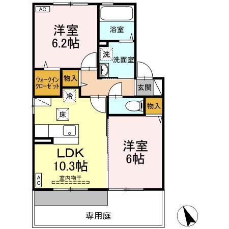 ボヌール・ヒルズ 市名坂 F(2LDK/1階)の間取り写真
