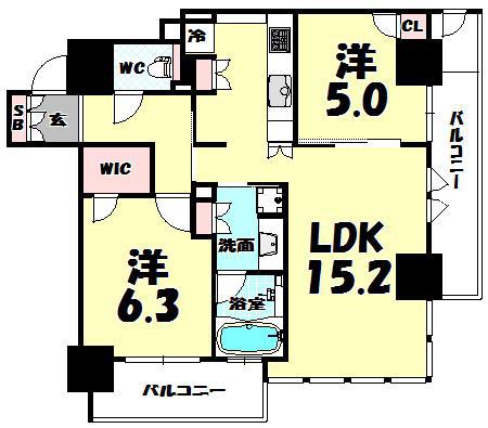ブランズタワー・ウェリス心斎橋ノース(2LDK/13階)の間取り写真