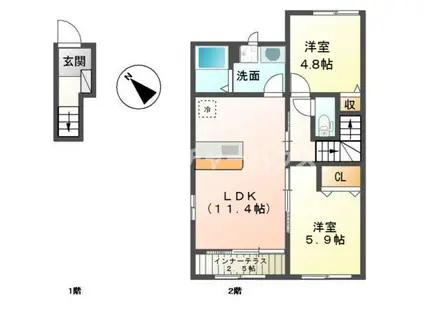 グランドコート(2LDK/2階)の間取り写真