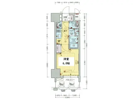 プレサンス北浜ラ・フェスタ(1K/6階)の間取り写真