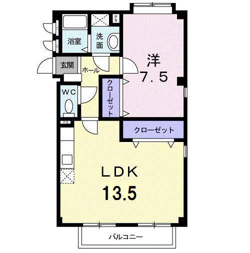 リバーサイド・ヴィラB棟(1LDK/2階)の間取り写真