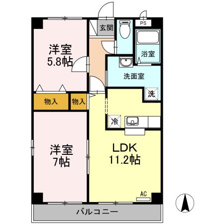 ウィルコート伏石C(2LDK/1階)の間取り写真