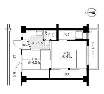 ビレッジハウス朝日ヶ丘2号棟(2K/2階)の間取り写真