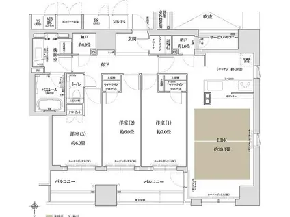 ワコーレ大阪新町タワーレジデンス(3LDK/18階)の間取り写真