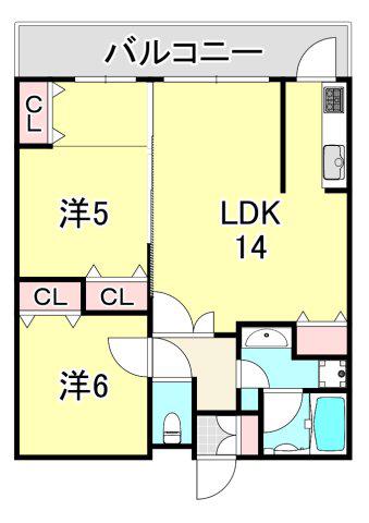 プレジール三ノ宮II(2LDK/12階)の間取り写真