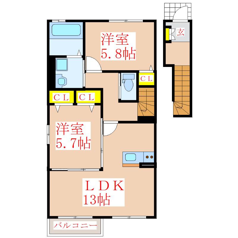 クレスト C棟(2LDK/2階)の間取り写真