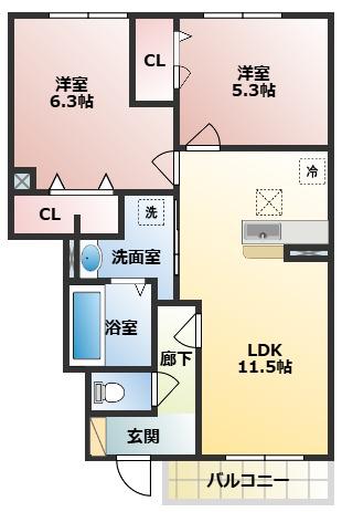 アムフル(2LDK/1階)の間取り写真