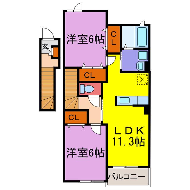 ブリランテ ウノ・ドゥエ・トレ(2LDK/2階)の間取り写真
