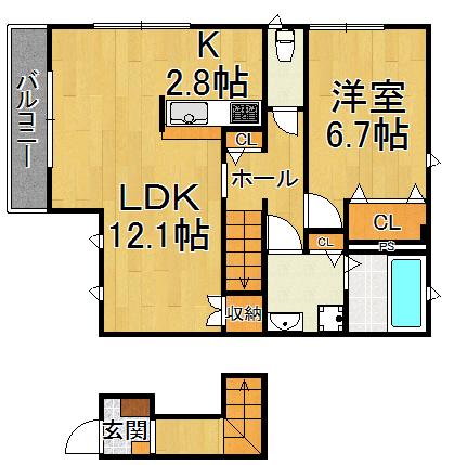 テラス・ドゥ・グリュ2棟(1LDK/2階)の間取り写真