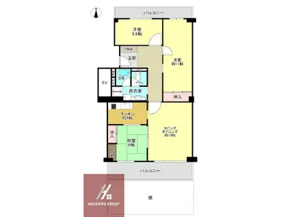 緑地グランドマンション 2棟(3LDK/2階)の間取り写真