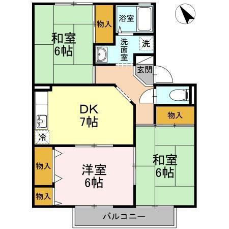 ゼフィールB棟(3DK/2階)の間取り写真