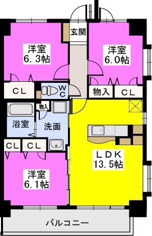 ボヌール レーベン(3LDK/1階)の間取り写真