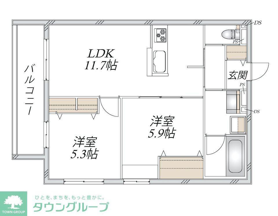 新石川1丁目メゾン東棟(2LDK/3階)の間取り写真