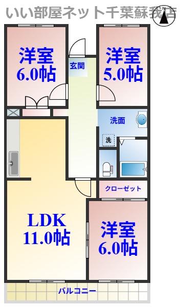 フルネスライズハチケン(3LDK/3階)の間取り写真