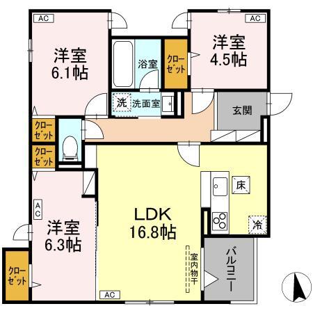 D-ROOM GRASS 中町(3LDK/1階)の間取り写真