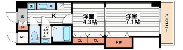 セントラル南船場(2K/13階)の間取り写真