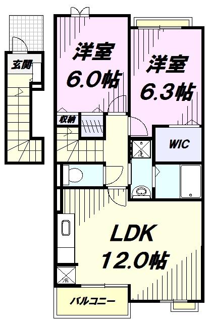 ラフレシール武蔵大和(2LDK/2階)の間取り写真