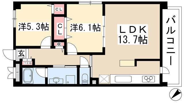 セラーノ平針(2LDK/4階)の間取り写真