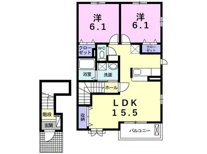 グラース ベル(2LDK/2階)の間取り写真