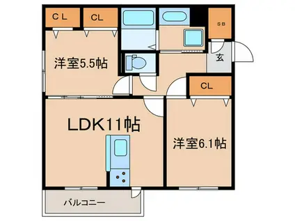 アレーズ久津川(2LDK/3階)の間取り写真