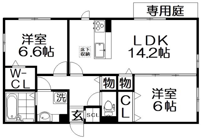 スカイヒル枚方B棟(2LDK/1階)の間取り写真